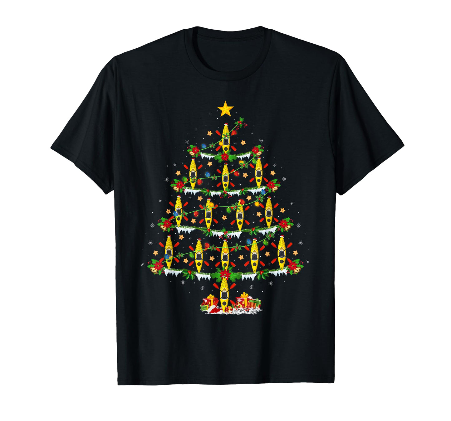 Kayak Christmas Tree Lights Funny Kayak Boat Kayaking Xmas T-Shirt