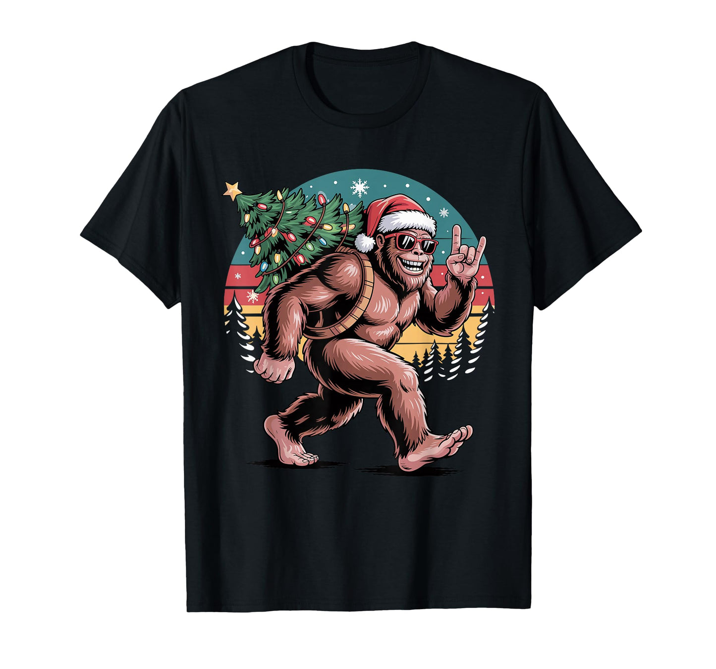 Retro Santa Bigfoot Christmas Cool Sasquatch Xmas Lights T-Shirt