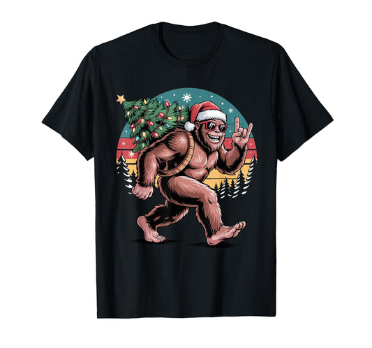 Retro Santa Bigfoot Christmas Cool Sasquatch Xmas Lights T-Shirt
