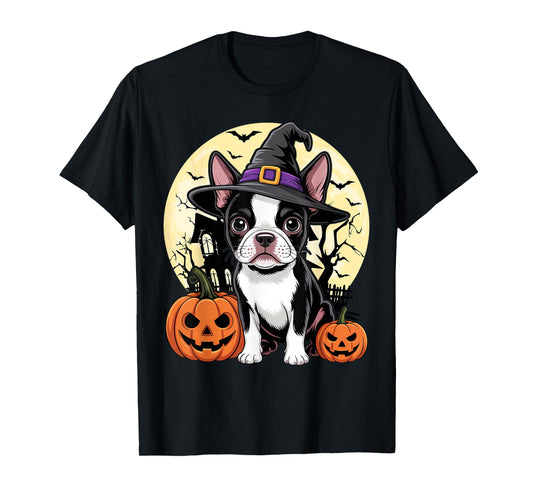 Aesthetic Halloween Boston Terrier Dog Witch Pumpkin T-Shirt