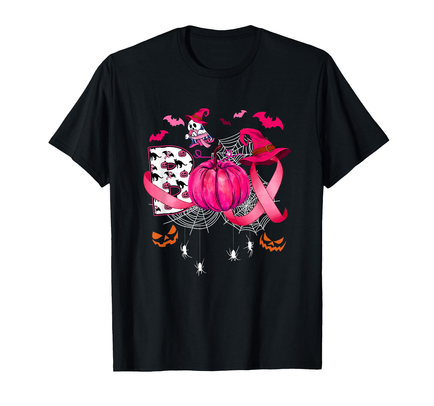 Boo Halloween Pumpkin Pink Ribbon Witch Breast Cancer T-Shirt