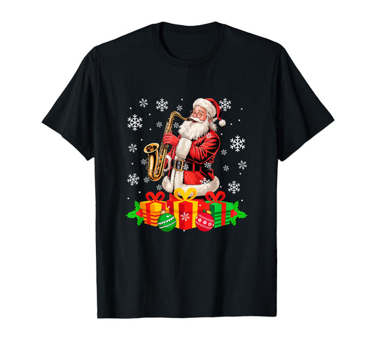 Santa Playing Saxophone Instrument Colorful Christmas Boxes T-Shirt