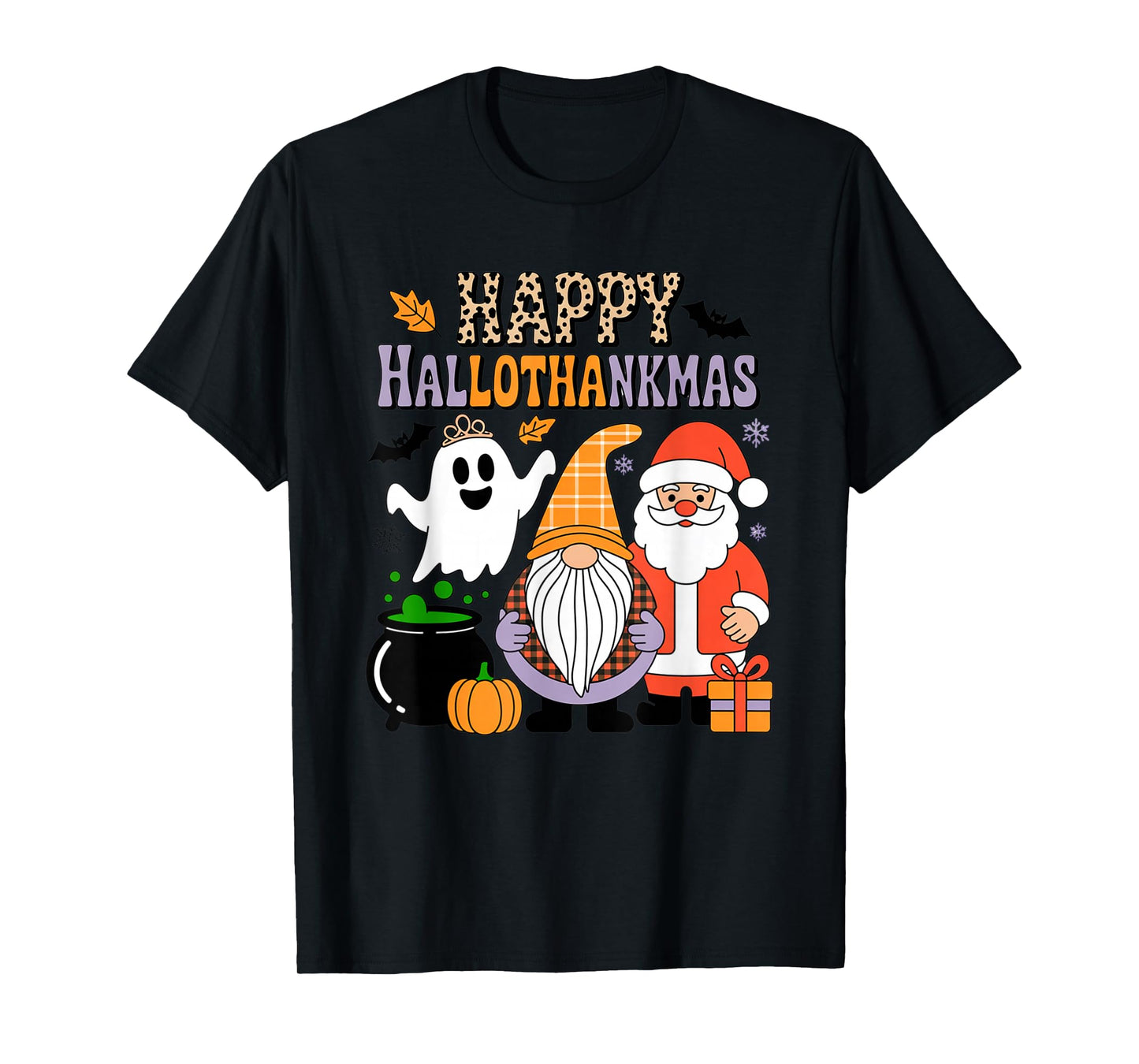 Happy Hallothankmas Cute Gnome Ghost Santa Christmas T-Shirt