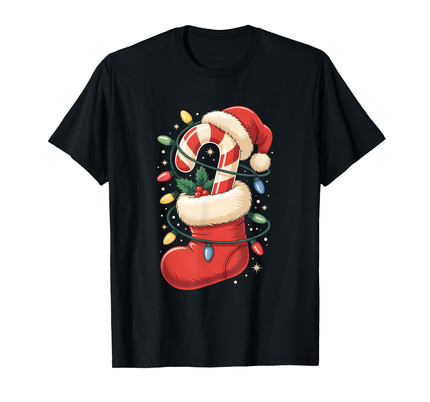 Candy Cane Lights Christmas Stocking Santa Hat Holiday T-Shirt