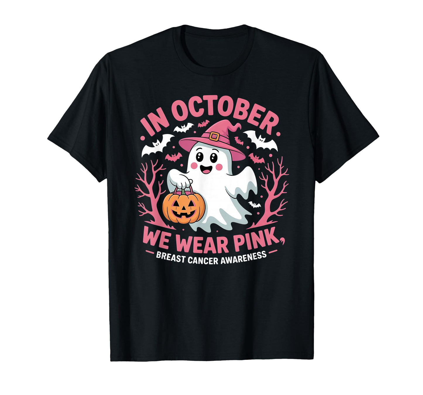 in October We Wear Pink Ghost Breast Cancer Awareness T-Shirt
