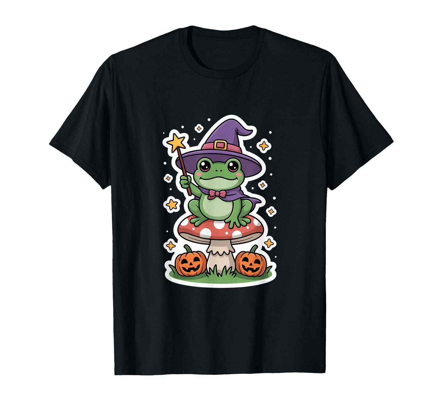 Cute Witch Frog On Mushroom with Pumpkins Halloween T-Shirt