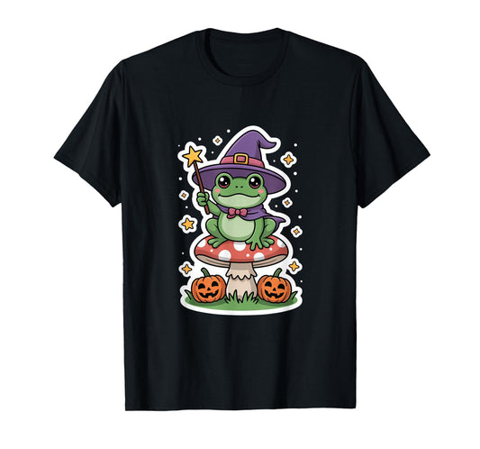 Cute Witch Frog On Mushroom with Pumpkins Halloween T-Shirt