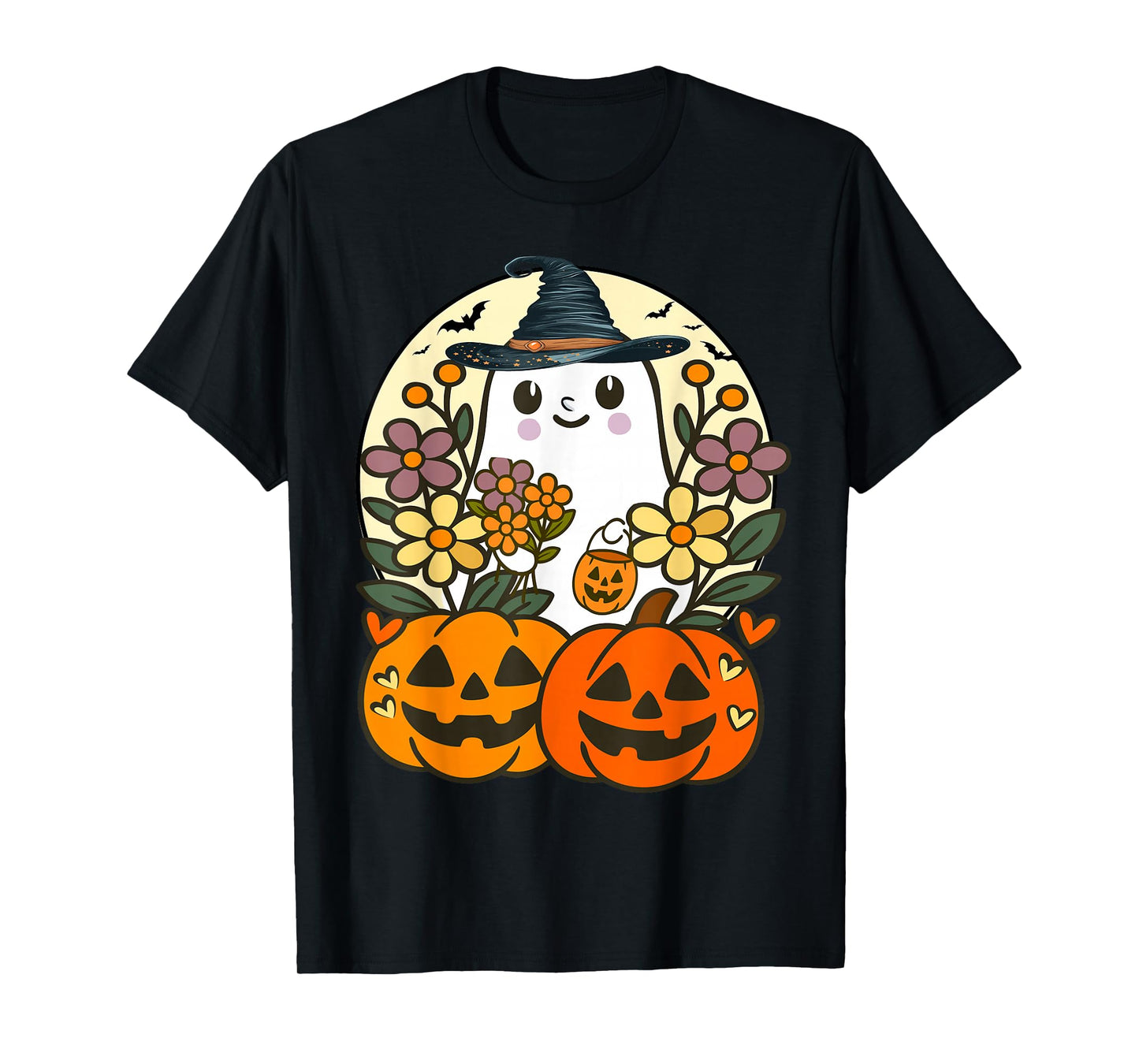 Funny Floral Ghost with Vintage Pumpkin Fall Halloween T-Shirt