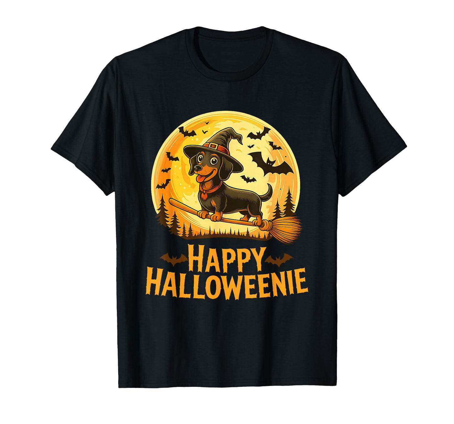 Funny Dachshundw Witch Hat Halloween Wiener Dog Moon T-Shirt