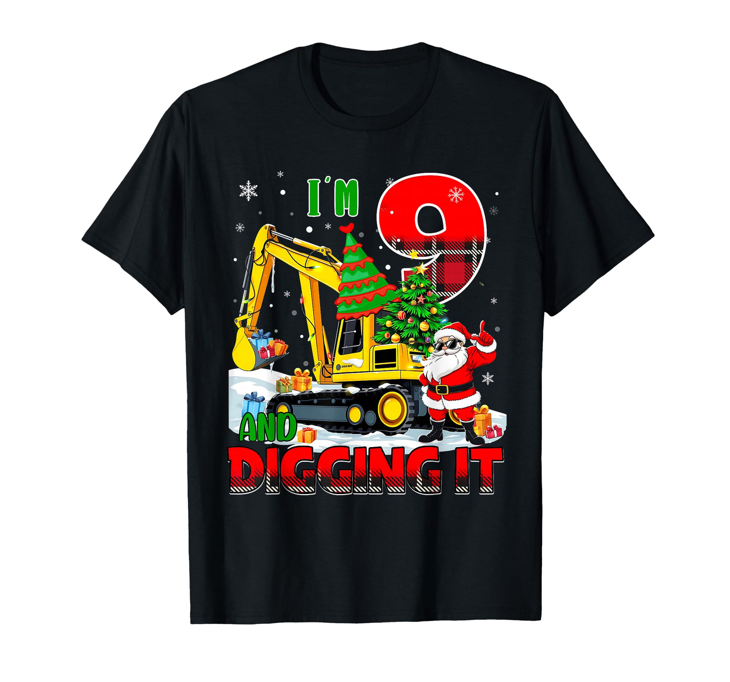 I'm 9 Construction 9th Birthday Kid Boy Xmas Excavator Santa T-Shirt