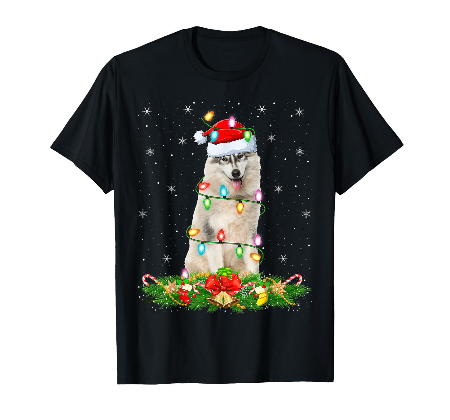 Alaskan Malamute Dog Christmas Lights Funny Santa Hat Xmas T-Shirt