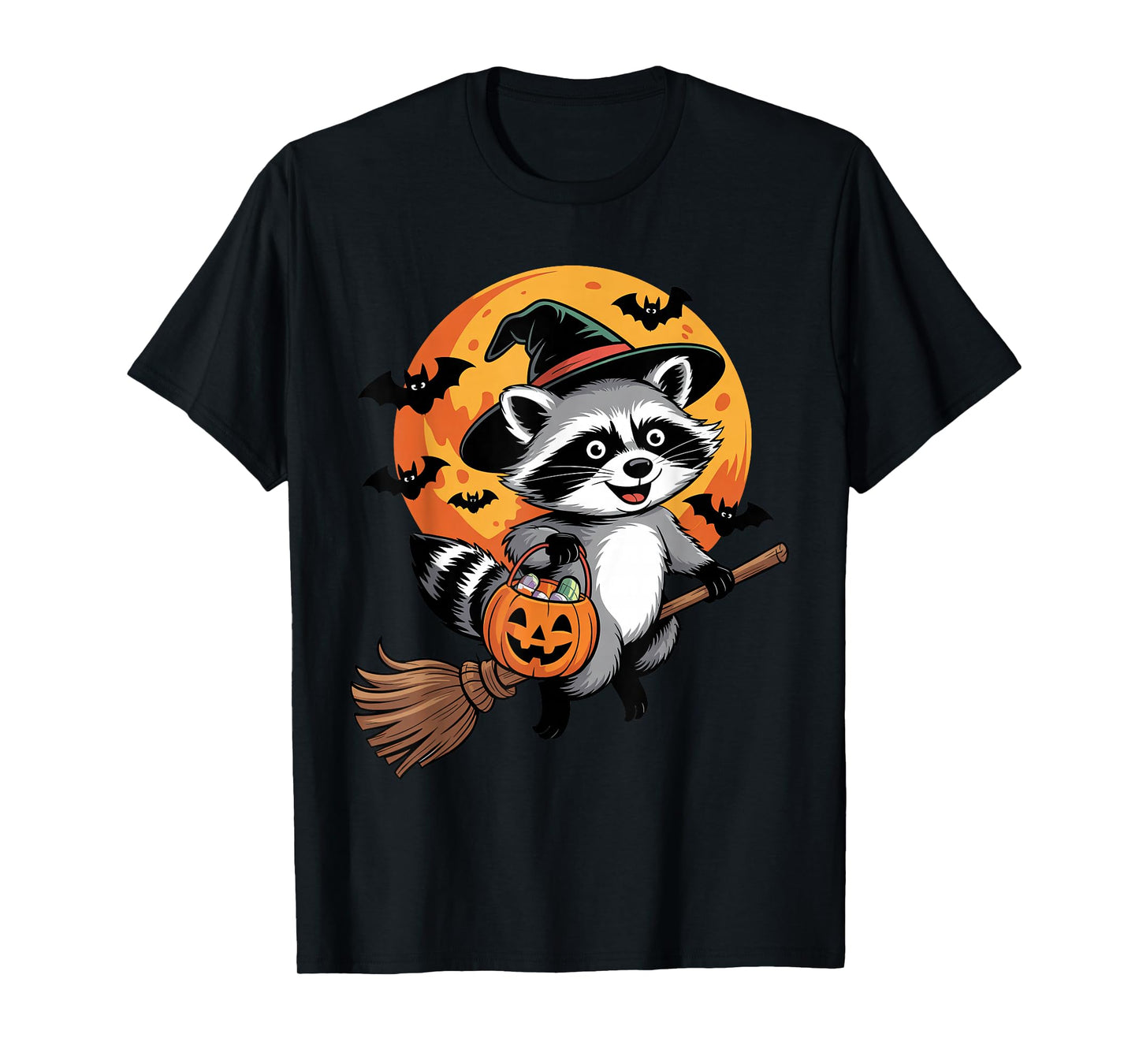 Trick or Treat Raccoon Witch Halloween Pumpkin Candy Bucket T-Shirt