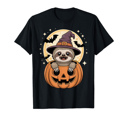 Cute Sloth Pumpkin Witch Hat Halloween Moon Bat Sloths Lover T-Shirt