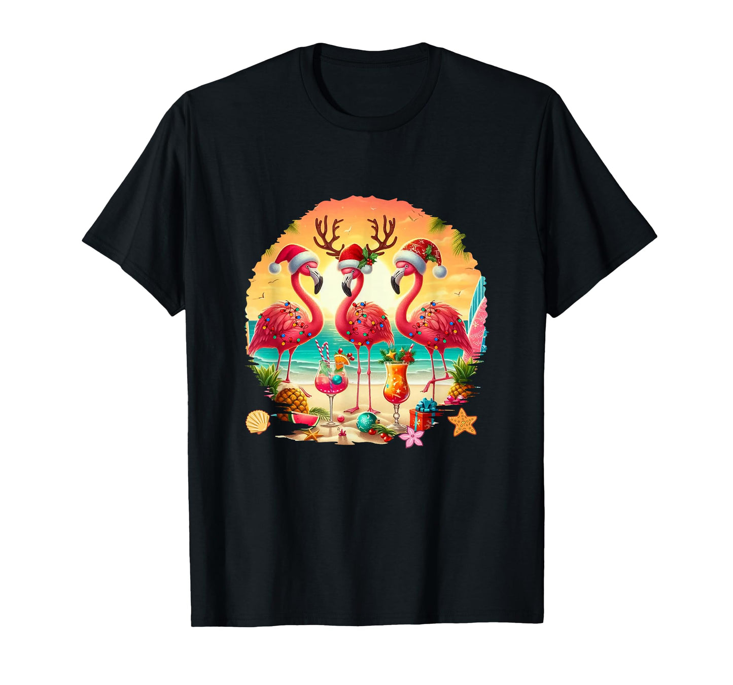 Three Santa Flamingos Drinking Cocktail Hawaiian Christmas T-Shirt