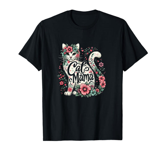 Cat Mama Cute Flower Cat Mother's Day Floral Cat Mom T-Shirt