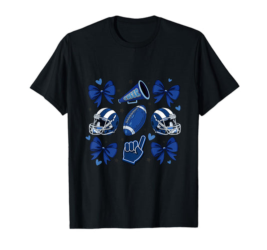 Football Cheer Mom Sister Coquette Bow Game Day Blue Women T-Shirt