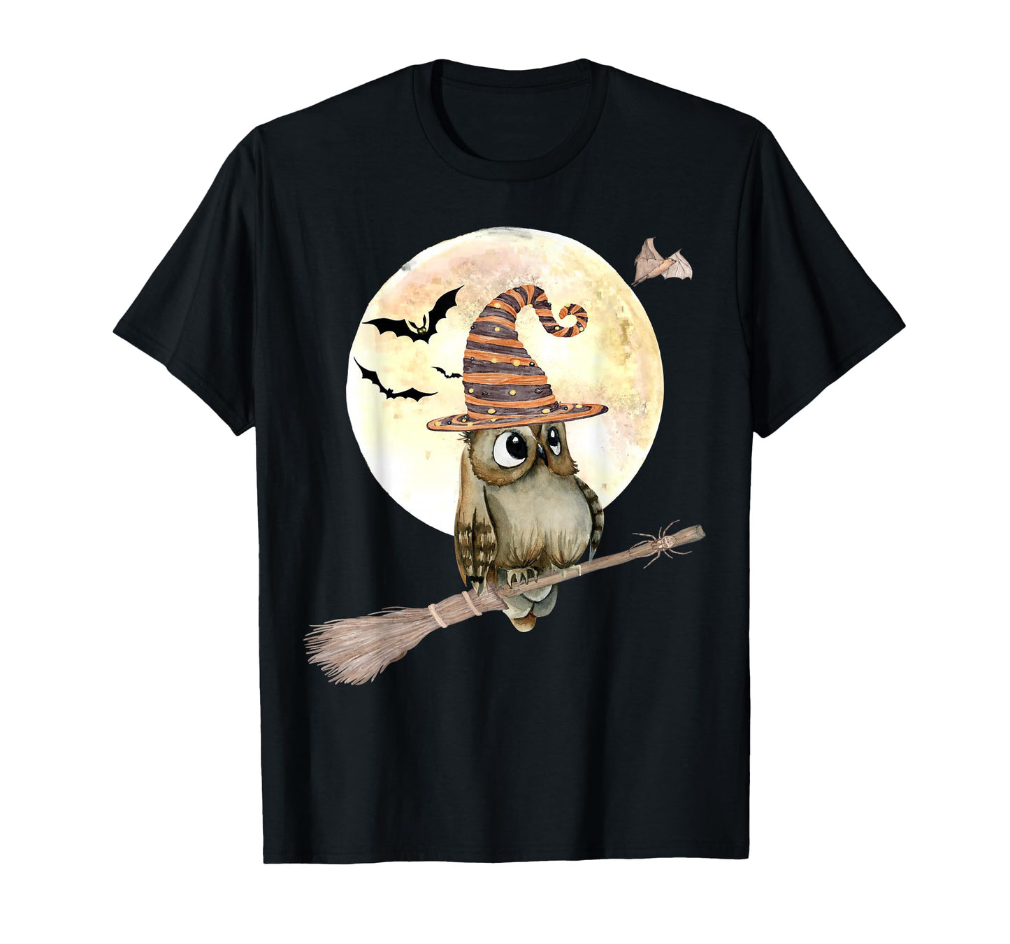 Halloween Owl with Witch Broom Hat Bat Full Moon Spooky Owl T-Shirt