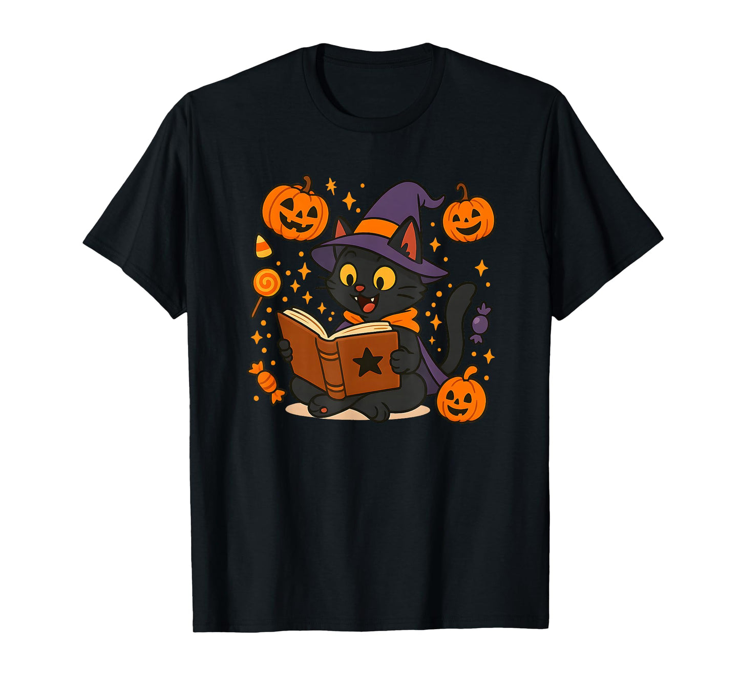 Spooky Witch Cat Halloween Costume Black Cats Books Pumpkin T-Shirt
