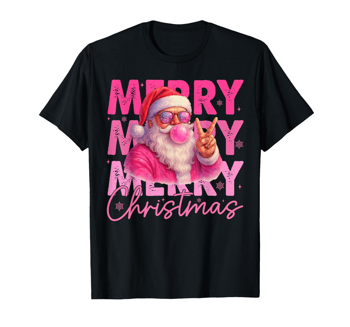 Mery Christmas Santa Claus Blowing Bubble Gum Pink Glasses T-Shirt