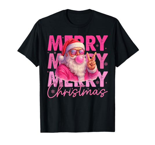 Mery Christmas Santa Claus Blowing Bubble Gum Pink Glasses T-Shirt