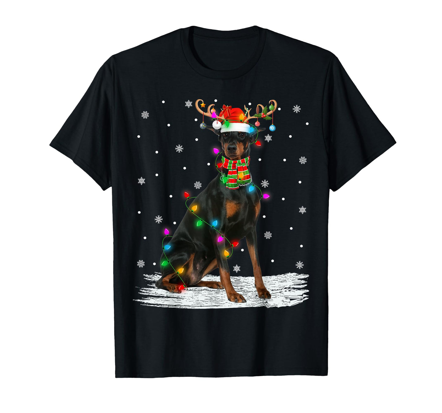 Doberman Pinscher Dog Christmas Lights Reindeer Santa Xmas T-Shirt