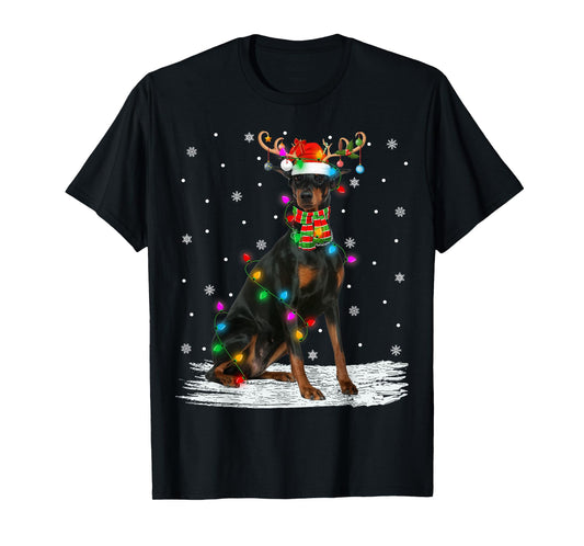 Doberman Pinscher Dog Christmas Lights Reindeer Santa Xmas T-Shirt