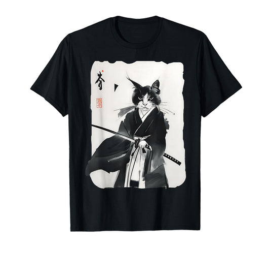 Samurai Cat Vintage Japanese Ukiyo-e Warrior Art Graphic T-Shirt for Men Women