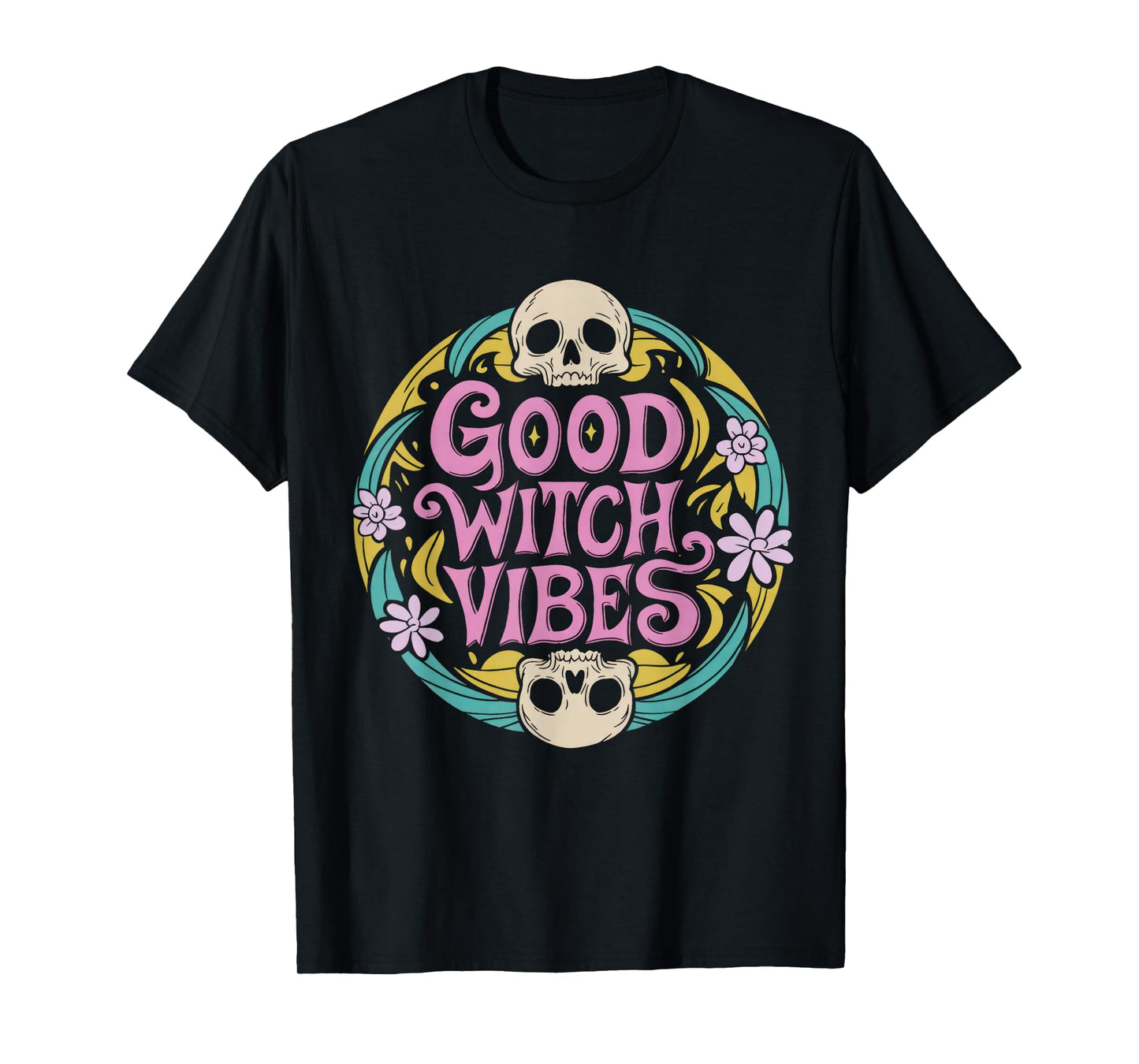Cuet Retro Good Witch Vibes Vintage 70s Skull Floral Witchy T-Shirt