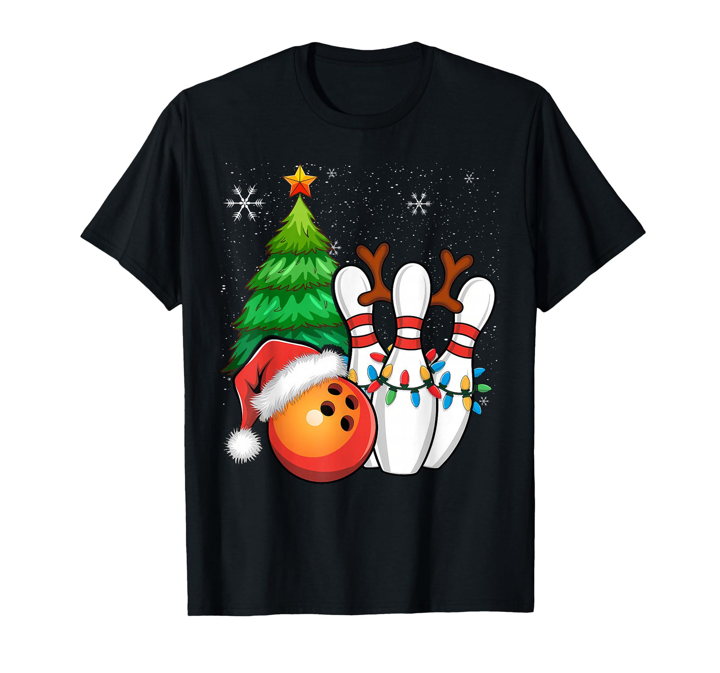 Ball Antlers Christmas Bowling Pins Santa Hat T-Shirt