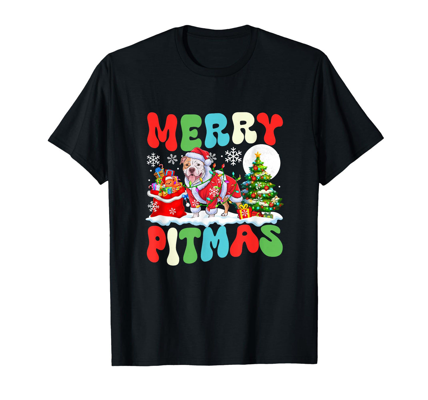 Merry Pitmas Christmas Santa Pit Bull Colorful Costume Owner T-Shirt