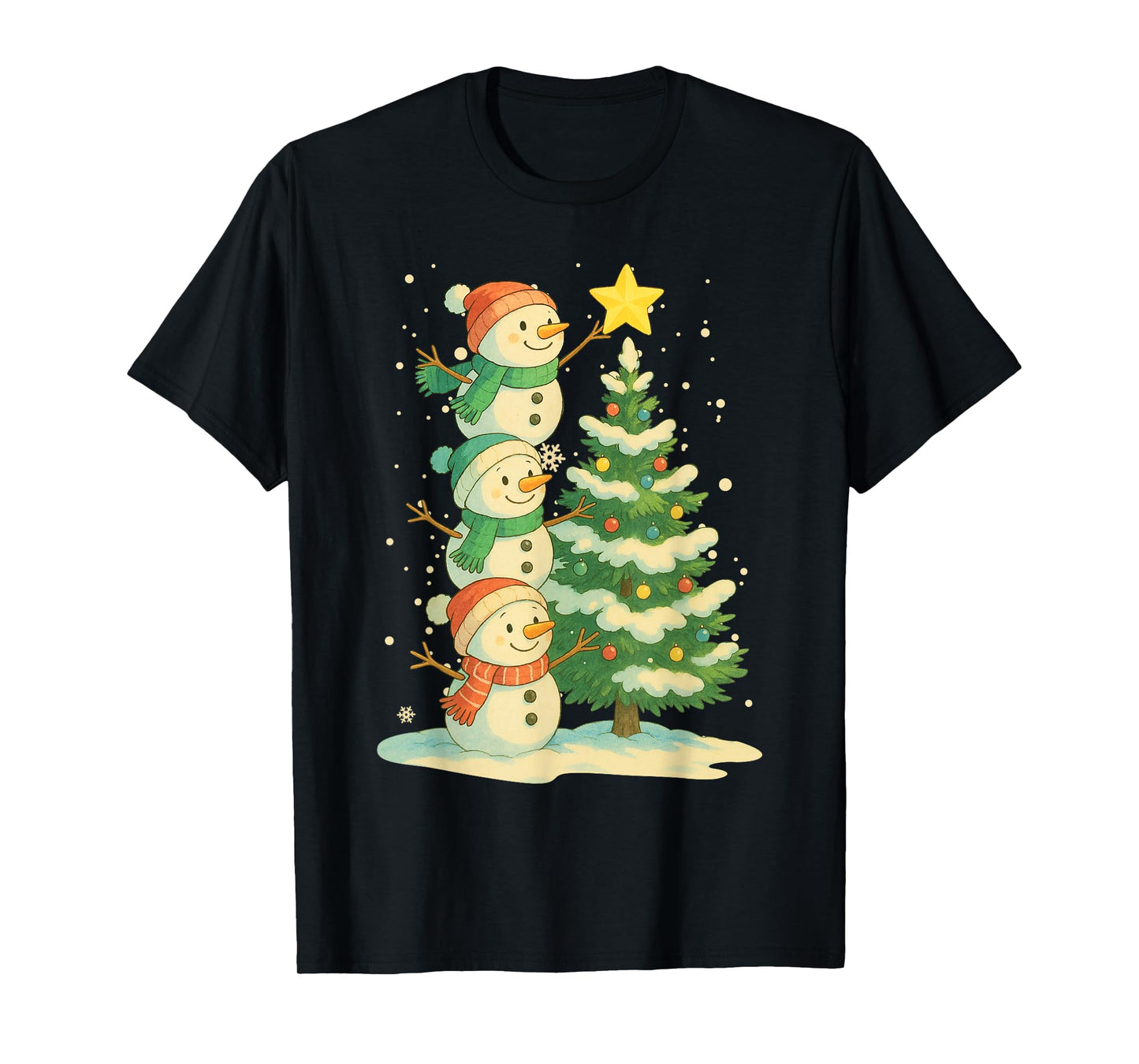 Cute Christmas Snowman Watercolor Xmas Tree Family Pajama T-Shirt