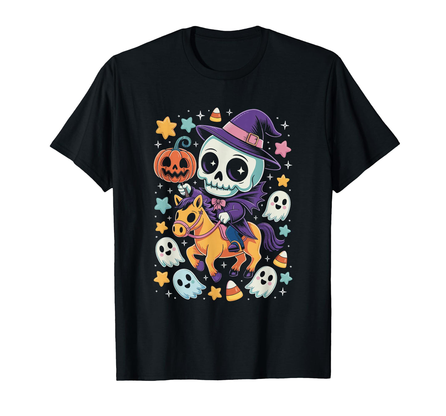 Headless Skeleton Rider Pumpkin Witch Hat Horse Halloween T-Shirt