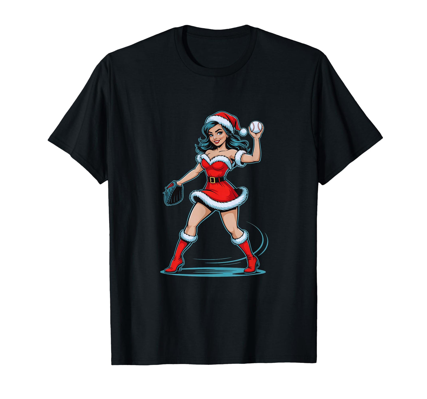 Christmas Baseball Pinup Santa Girl Funny Holiday Sports T-Shirt
