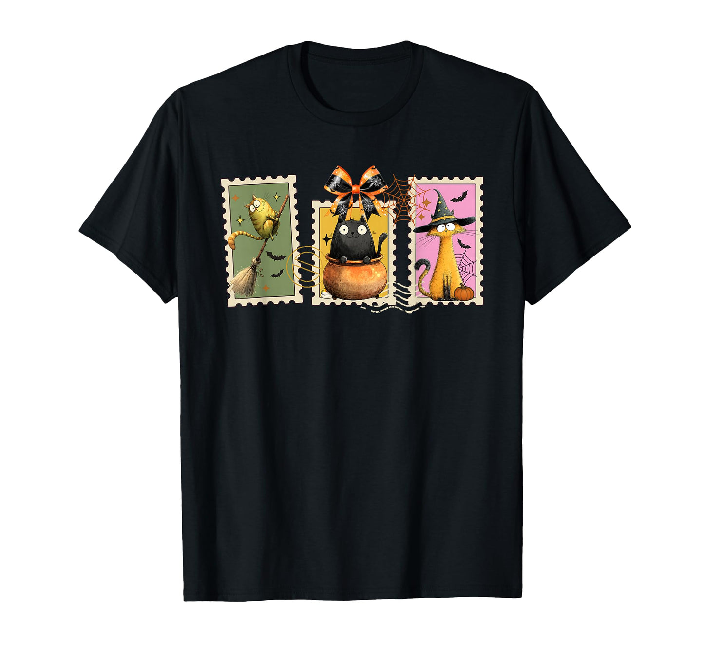 Funny Cat Halloween Witch Salem Black Cats Postage Stamp T-Shirt