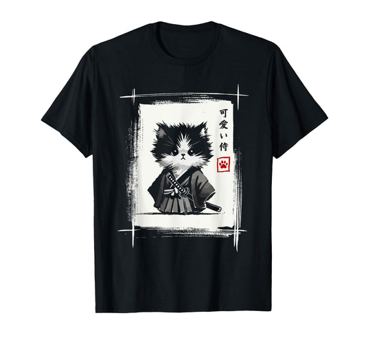 Samurai Cat Japanese Art Sumi-e Novelty Kawaii Funny Cat T-Shirt