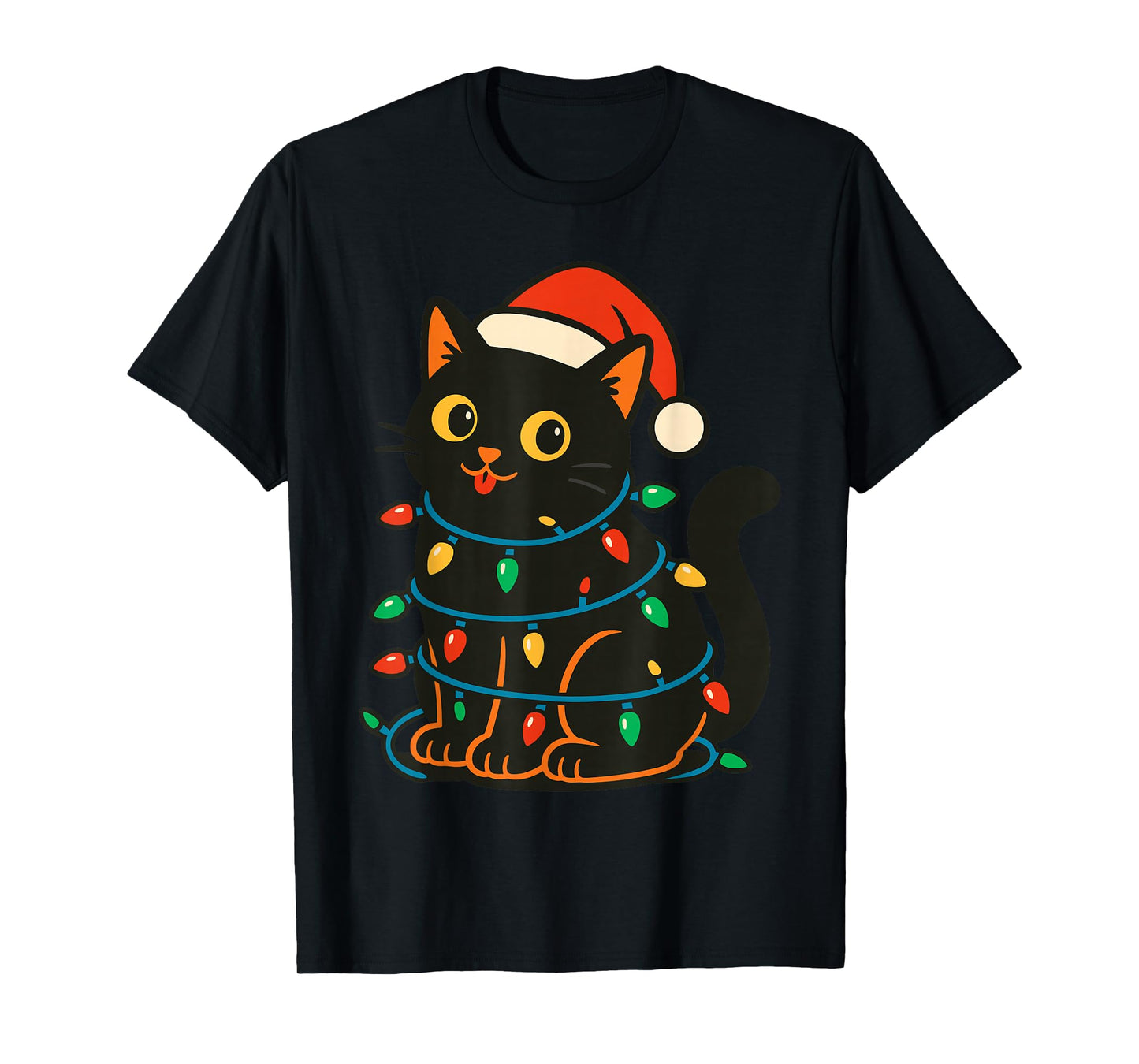 Black Cat Christmas Tree Lights Shirt, Funny Cats Santa Hat T-Shirt