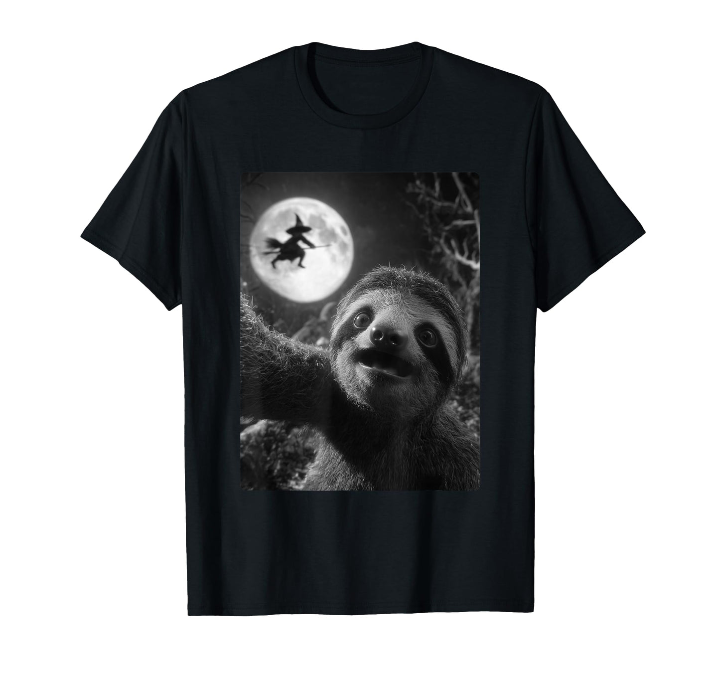 Funny Sloth Selfie Full Moon Flying Witch Forest Halloween T-Shirt