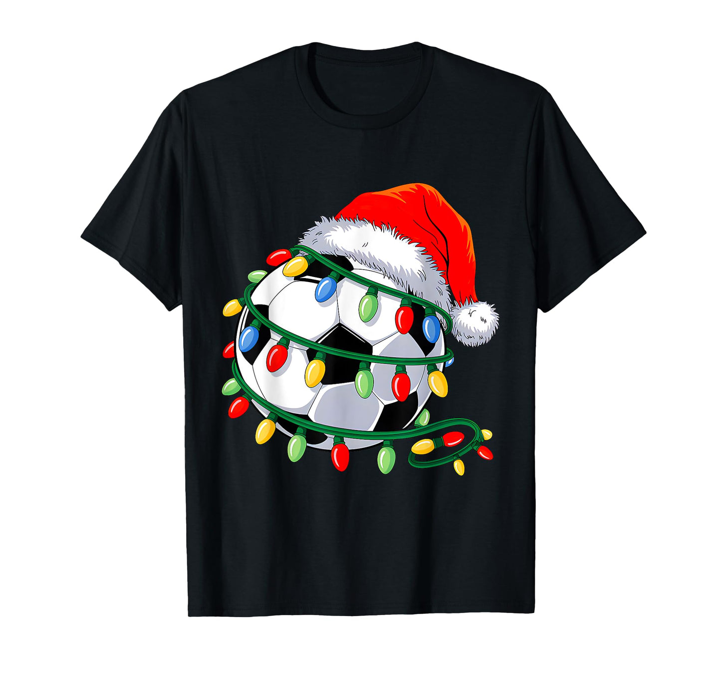 Soccer Ball Santa Hat Men Women Christmas Soccer Xmas Lights T-Shirt