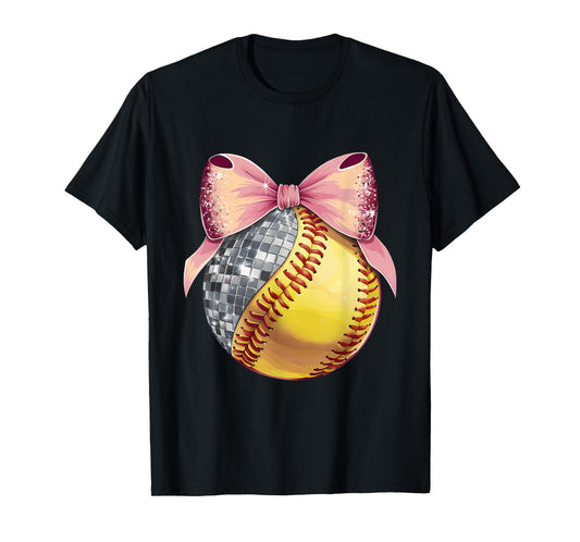 Cute Coquette Bow Disco Ball Softball Player Game Day Mom T-Shirt
