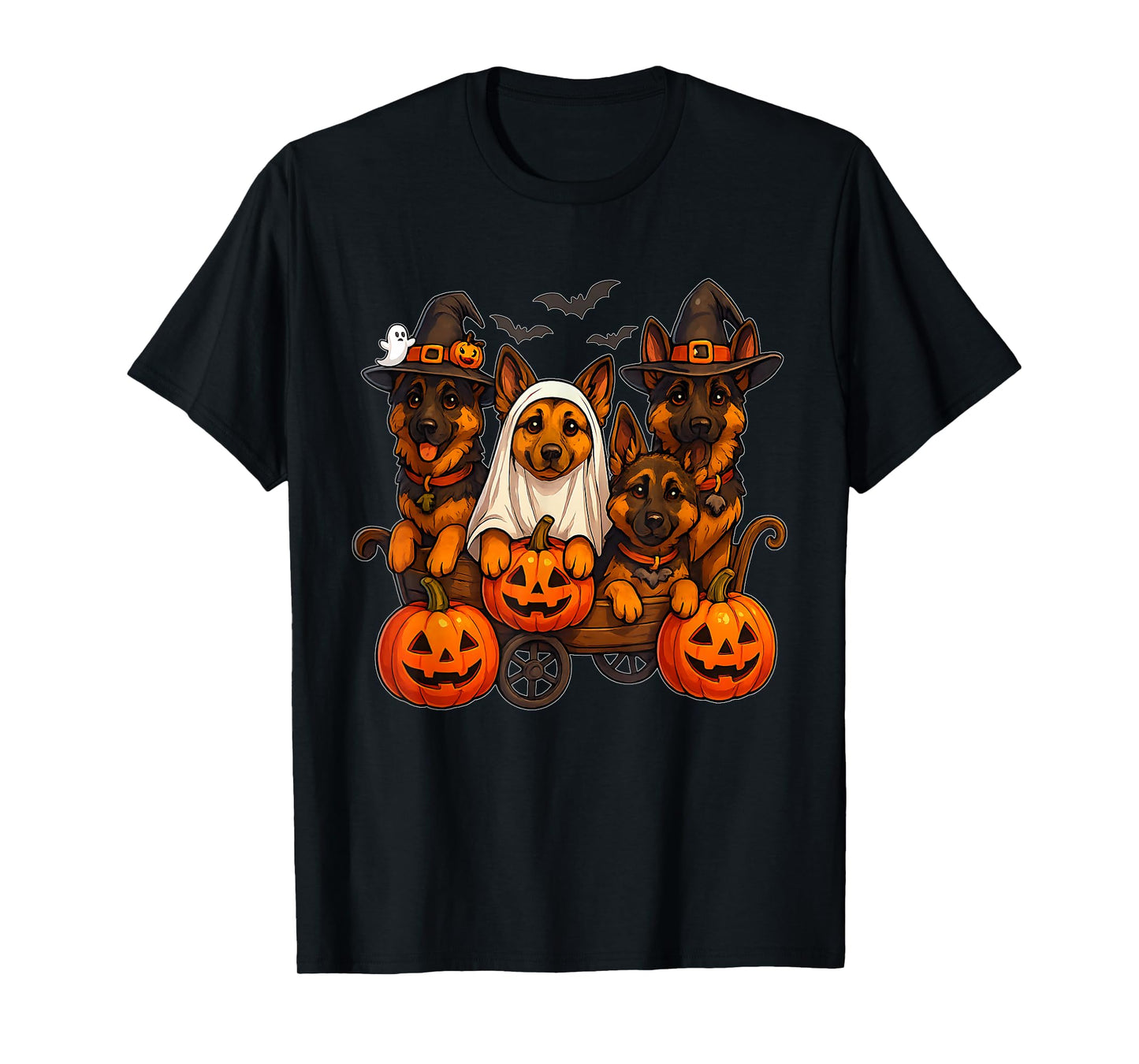 Halloween German Shepherd Ghost Witch Pumpkins Wooden Wagon T-Shirt