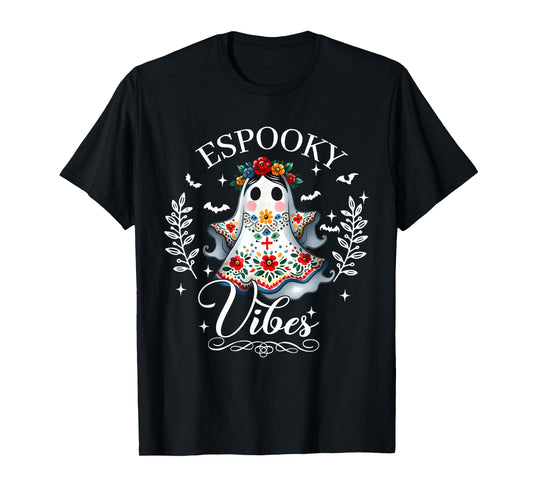 Espooky Vibes Halloween Floral Ghost Spanish Mexican Teacher T-Shirt