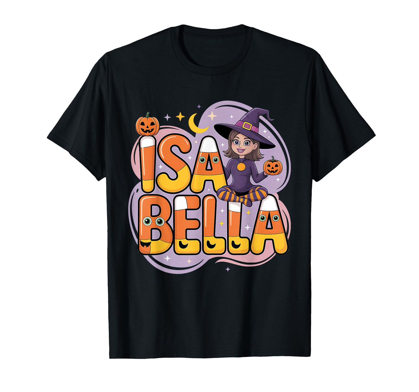 Isabella Witch Candy Corn Cat Halloween Women and Girls T-Shirt