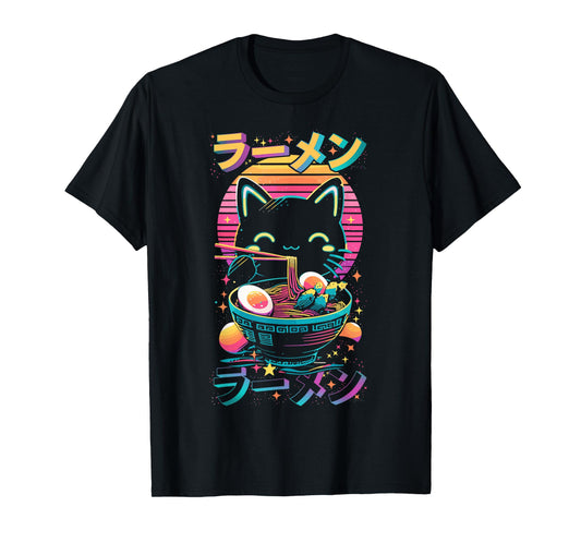 Anime Cat Eats Ramen Retro Kawaii Ramen Cat T-Shirt