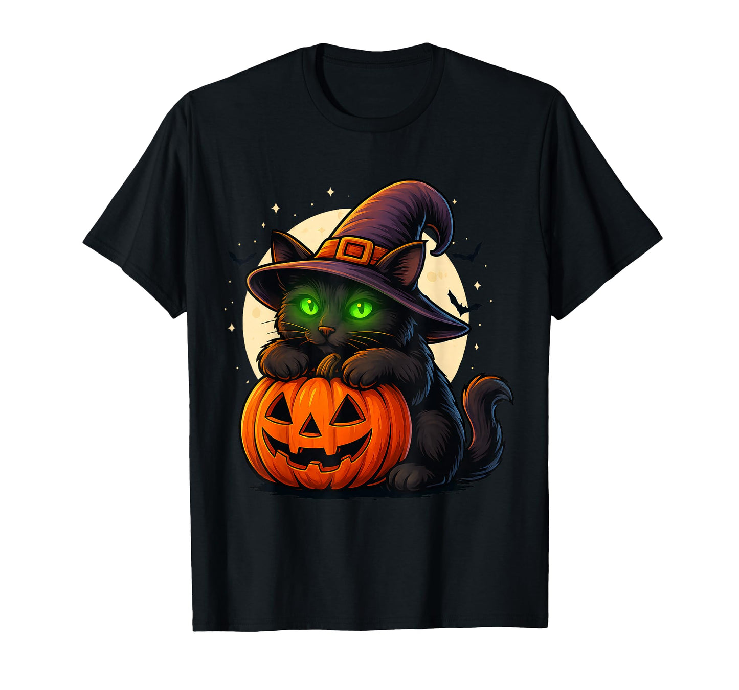 Cute Black Cat with Pumpkin Witch Hat Halloween T-Shirt