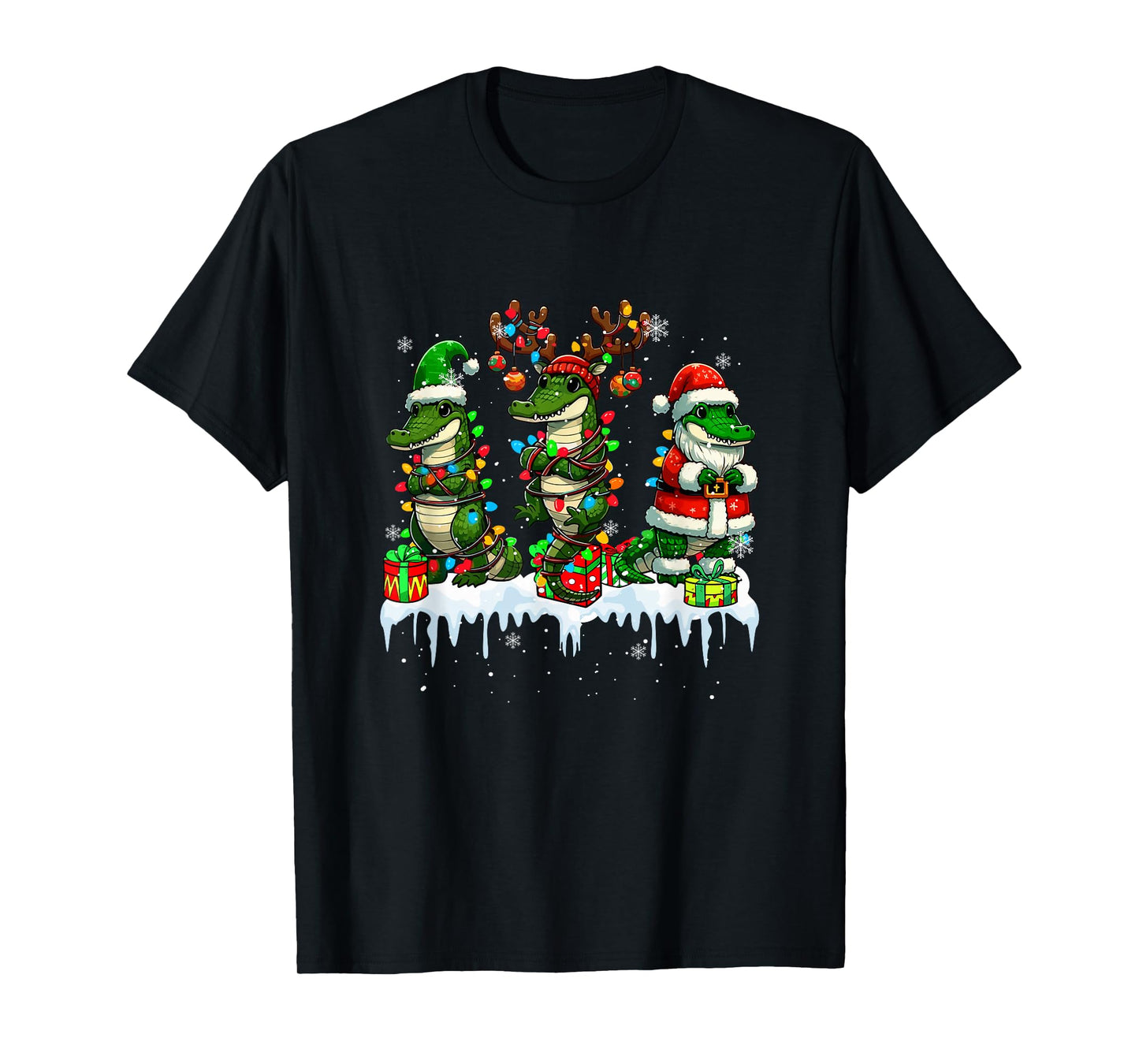 Three Santa Reindeer Elf Crocodiles Xmas Colorful Lights T-Shirt