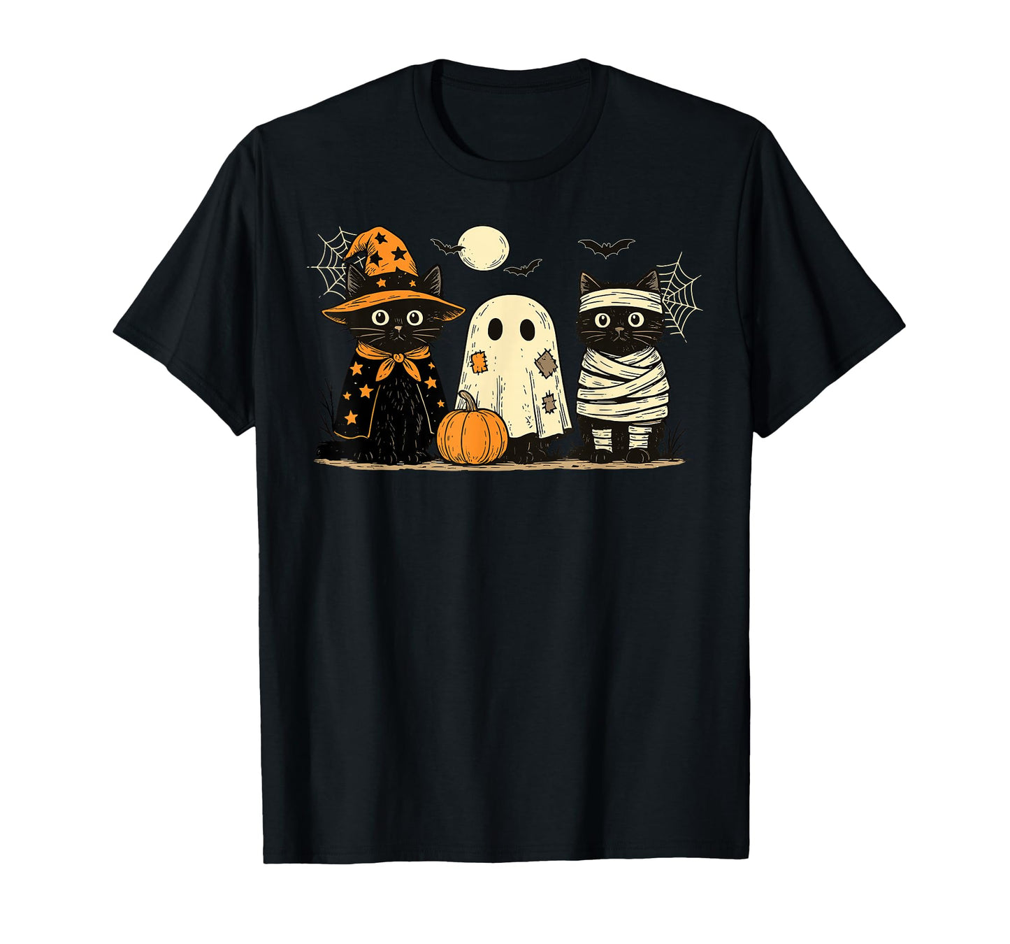 Retro Black Cat Witch Scary Halloween Pumpkin Women Men Kids T-Shirt