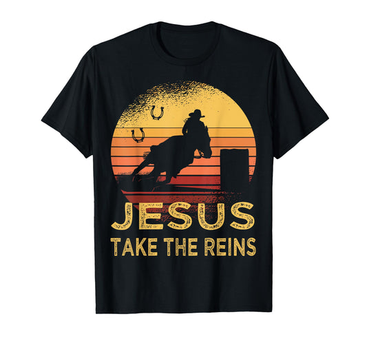 Vintage Retro Horse Barrel Racing Jesus take the reins Rodeo T-Shirt