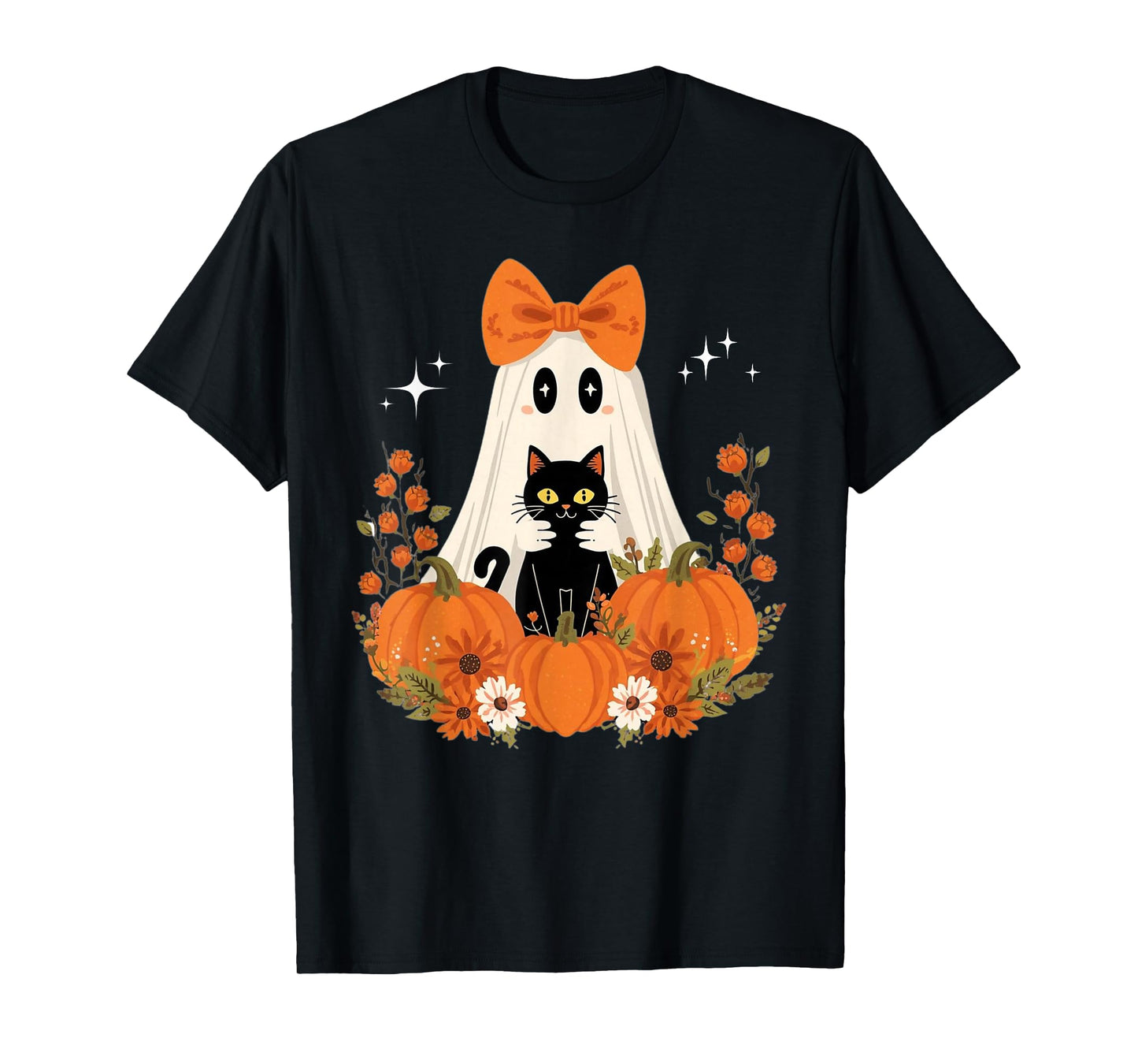 Vintage Halloween Ghost Holding Cat Groovy Floral Cat Meme T-Shirt