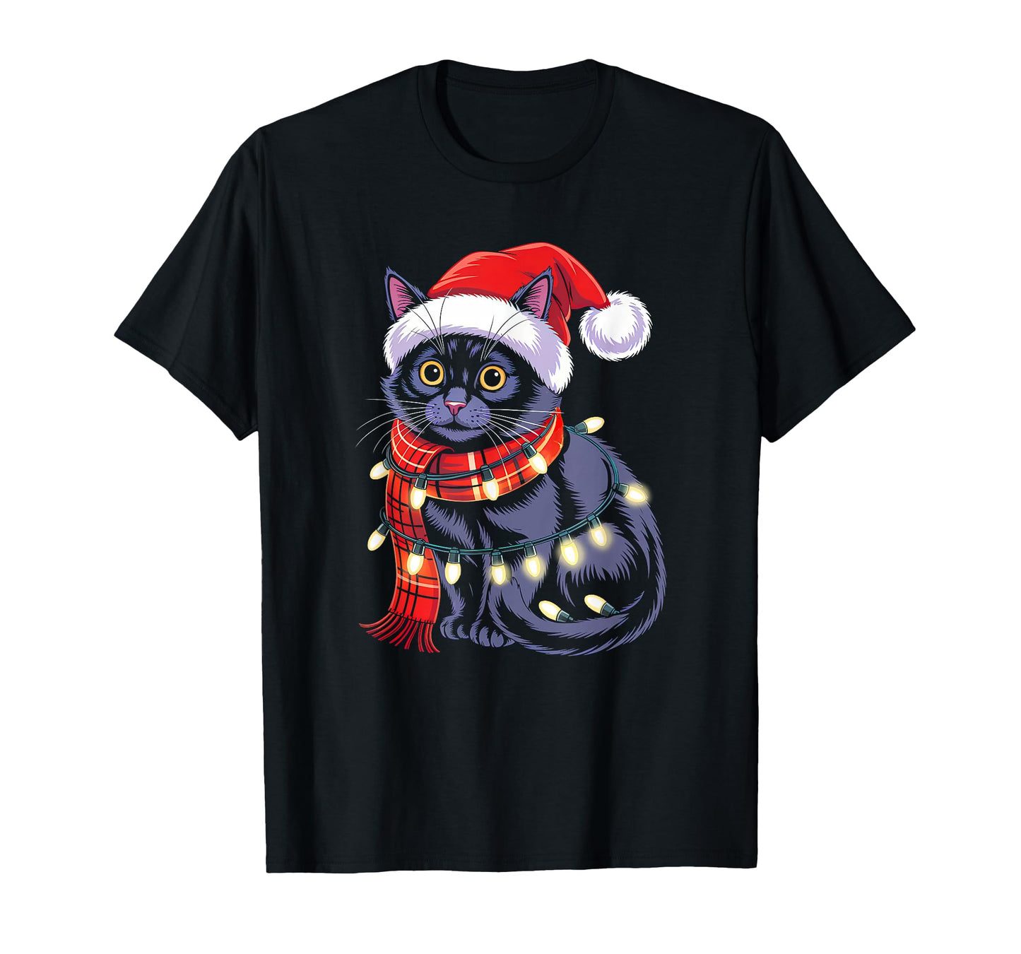 Black Cat Christmas Lights Red Santa Hat Family Xmas Pajamas T-Shirt