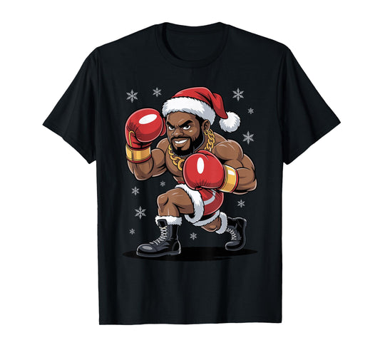 Funny Afro Santa Boxing African American Christmas Holiday T-Shirt